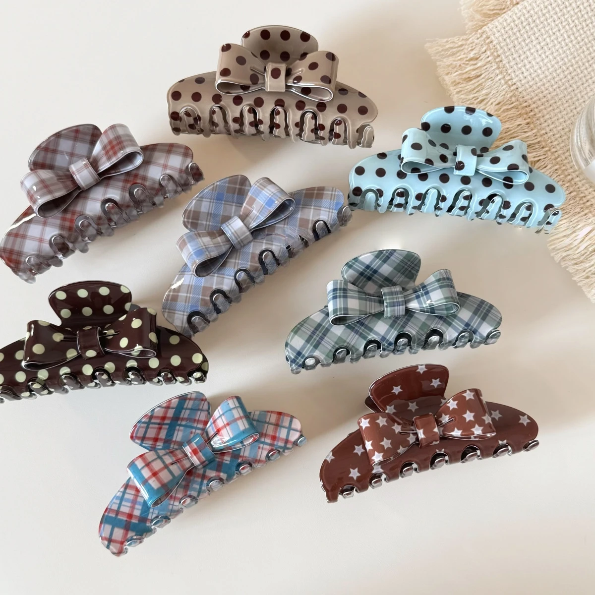 10CM Fashion Plaid Polka Dot Star Bow Acrylic Hair Claw Clips for Women Girls Sweat Holiday Large Hairgrip Styling Accessories