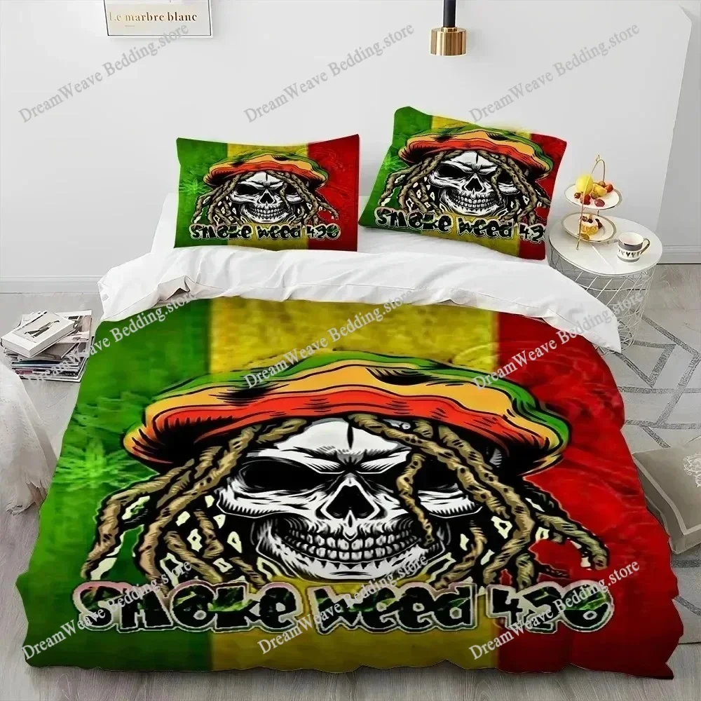Maple Weed Plant Green Death Skull Smoke Bedding Set Duvet Cover Bed Set Quilt Cover Pillowcase Comforter King Queen Size 2