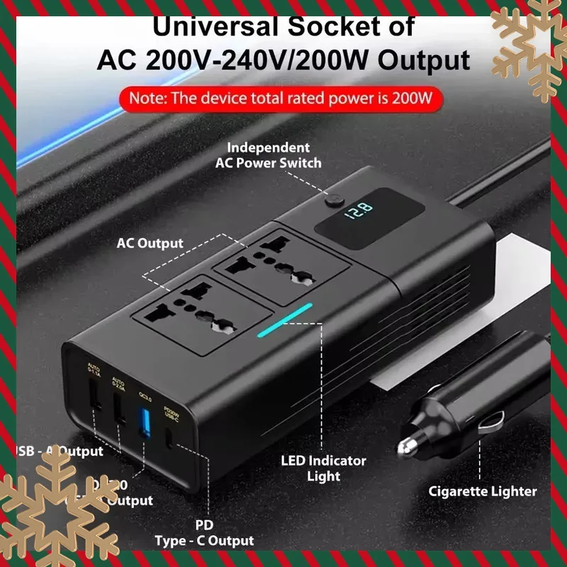 

Car cigarette lighter inverter 12V/24V conversion 110V/220V voltage power converter 200W, suitable for 12V/24V vehicles