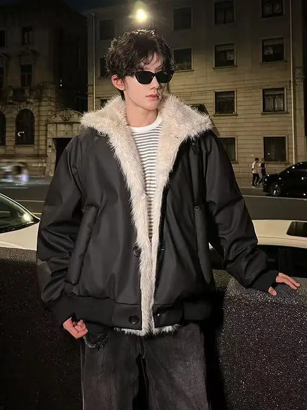 

American Sle PU Leather Men's down Jaet Thiened Winter Coat with Fur Collar Wal Cotton Outerwear for Casual Ci Use