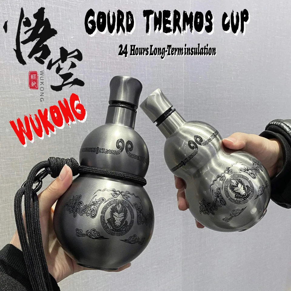 Wukong Theme Gourd Style 500ml Water Bottle Thermal Insulation Cup Black Game Hobby Cosplay Portable Lanyard Outdoor Boy Gift