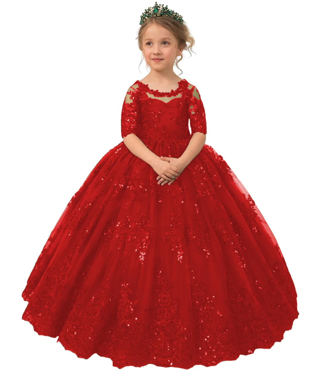 Hot Pink Princess Pageant Children's Bridesmaid Dresses Flower Girl Dress Lace Appliques First Communion for Wedding Toddler