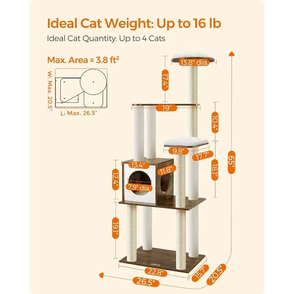 Imagem -06 - Modern Multi-level Cat Tower Tree Indoor Cat Condo Arranhões Lavável Almofadas Removíveis 65