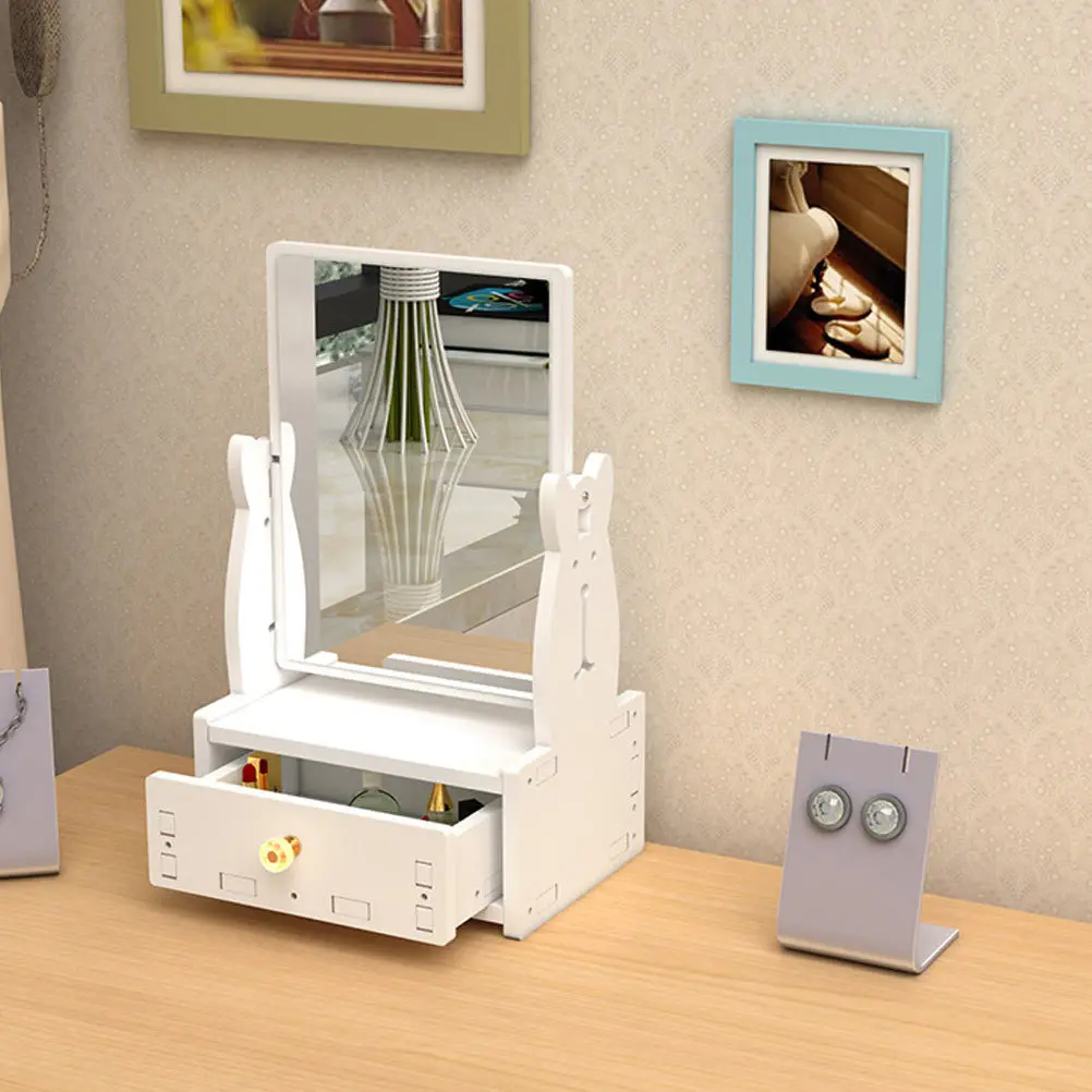 

1Pcs Desktop Makeup Vanity Mirror Turnable with Drawer Smooth Polished Surface Mirror for Home Use Makeup Supply