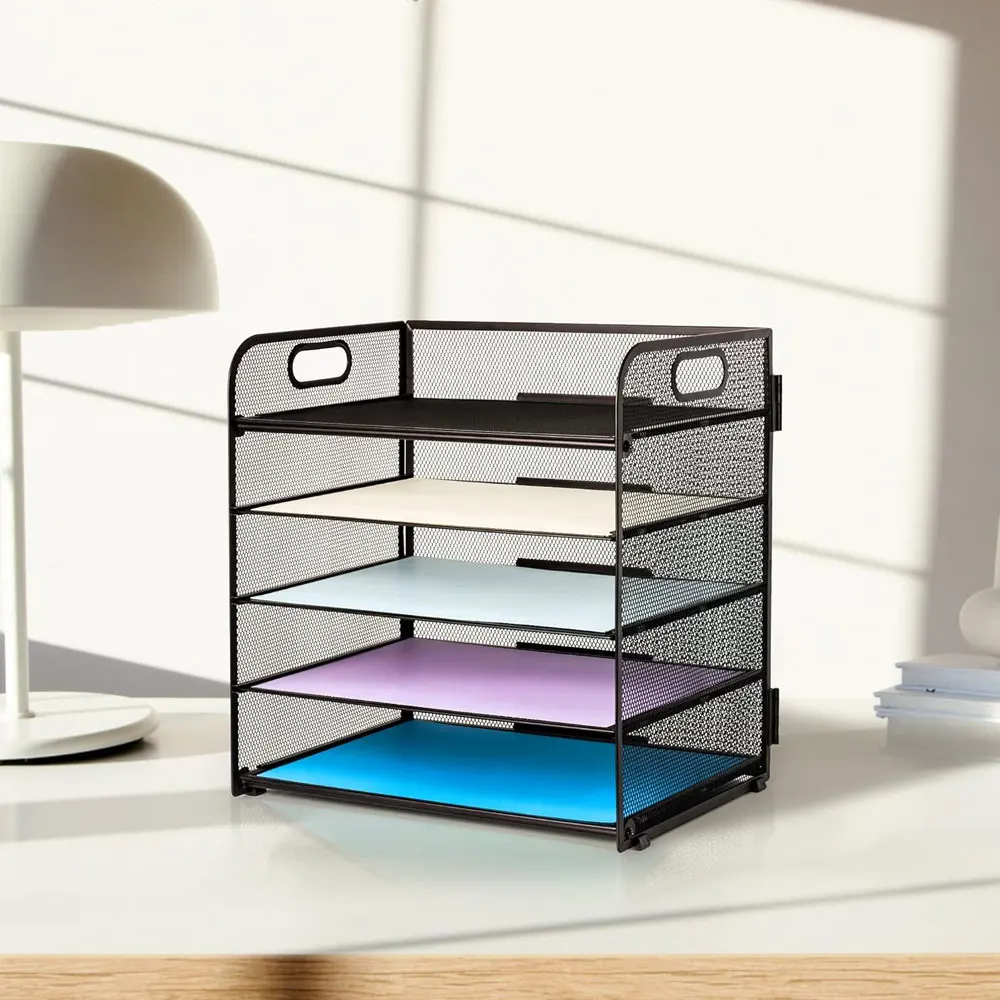 

5-Layer Grid Desktop File Organizer with Handles, Paper Sorter, Thick Black, Suitable for Office, Home or School.