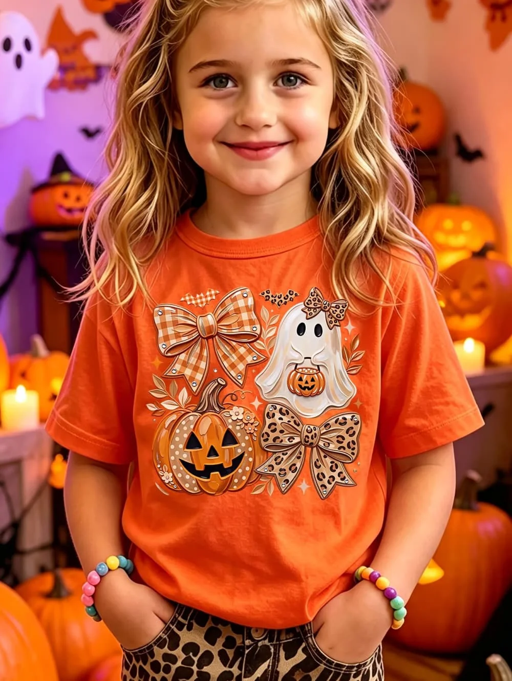 Halloween Girl Clothes Summer Fashion Girls' Short Sleeve T-Shirt Pumpkin and Ghost Cartoon Pattern Print Casual Versatile Tops