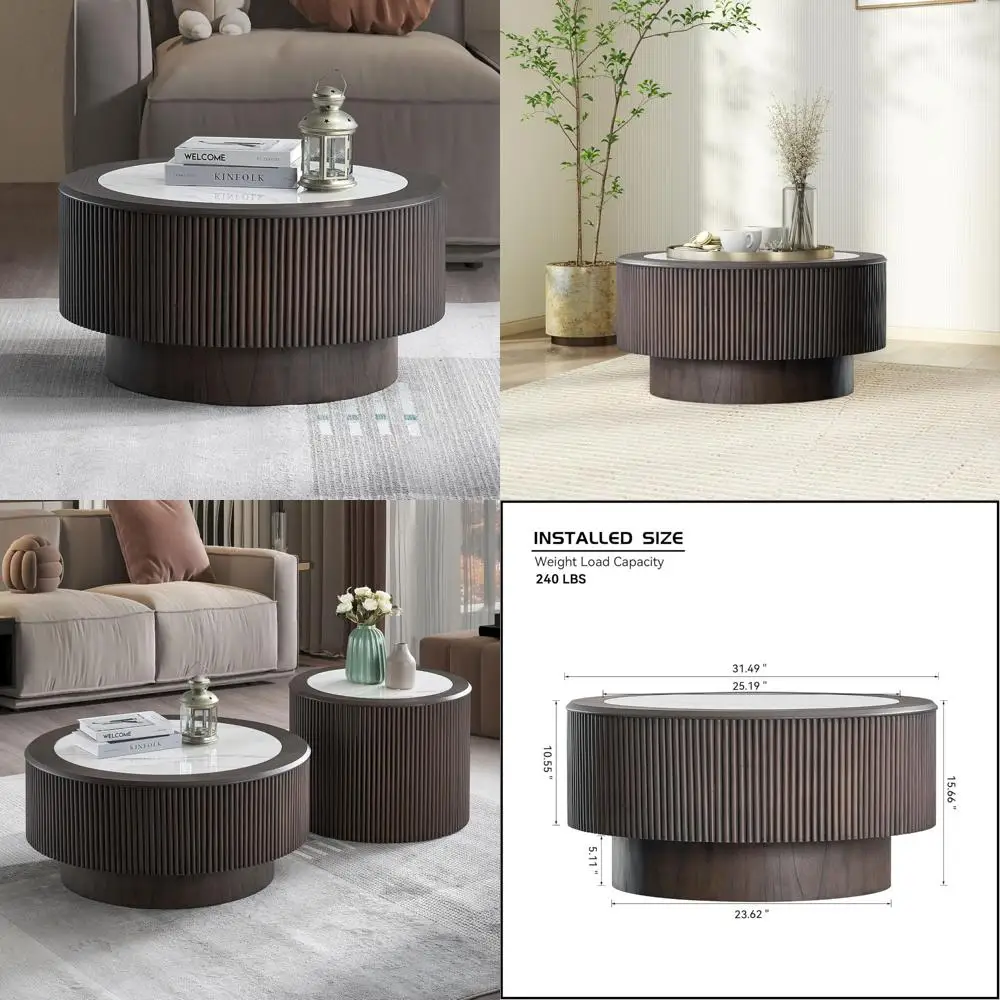 

Luxury Modern 31.5-inch Round Coffee Table with Marble-Patterned Sticker Top and Wooden Drum-Style Center Base