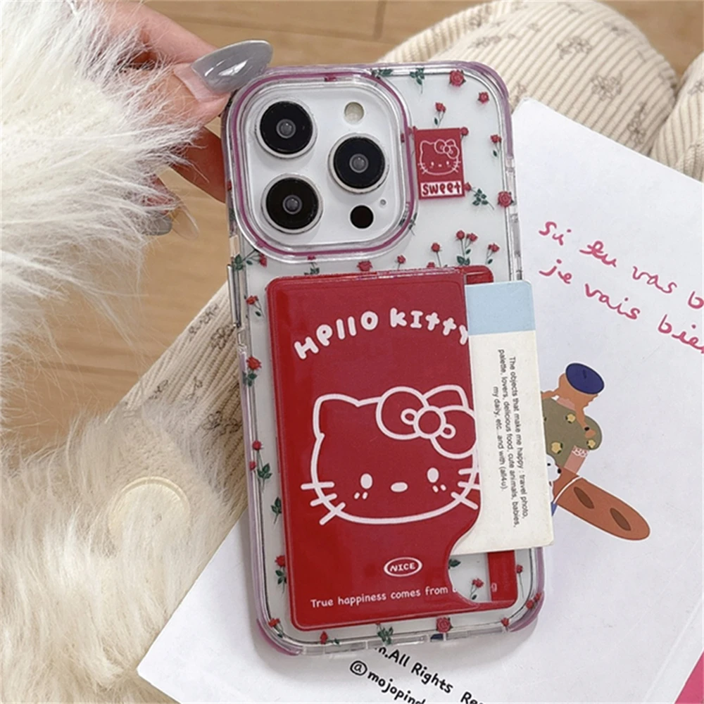 

Cute Flower Hello Kitty Card Slot Bag Holder Case For iPhone 16 15 14 13 12 11 Pro Max Mini Plus Clear Wallet Shockproof Cover