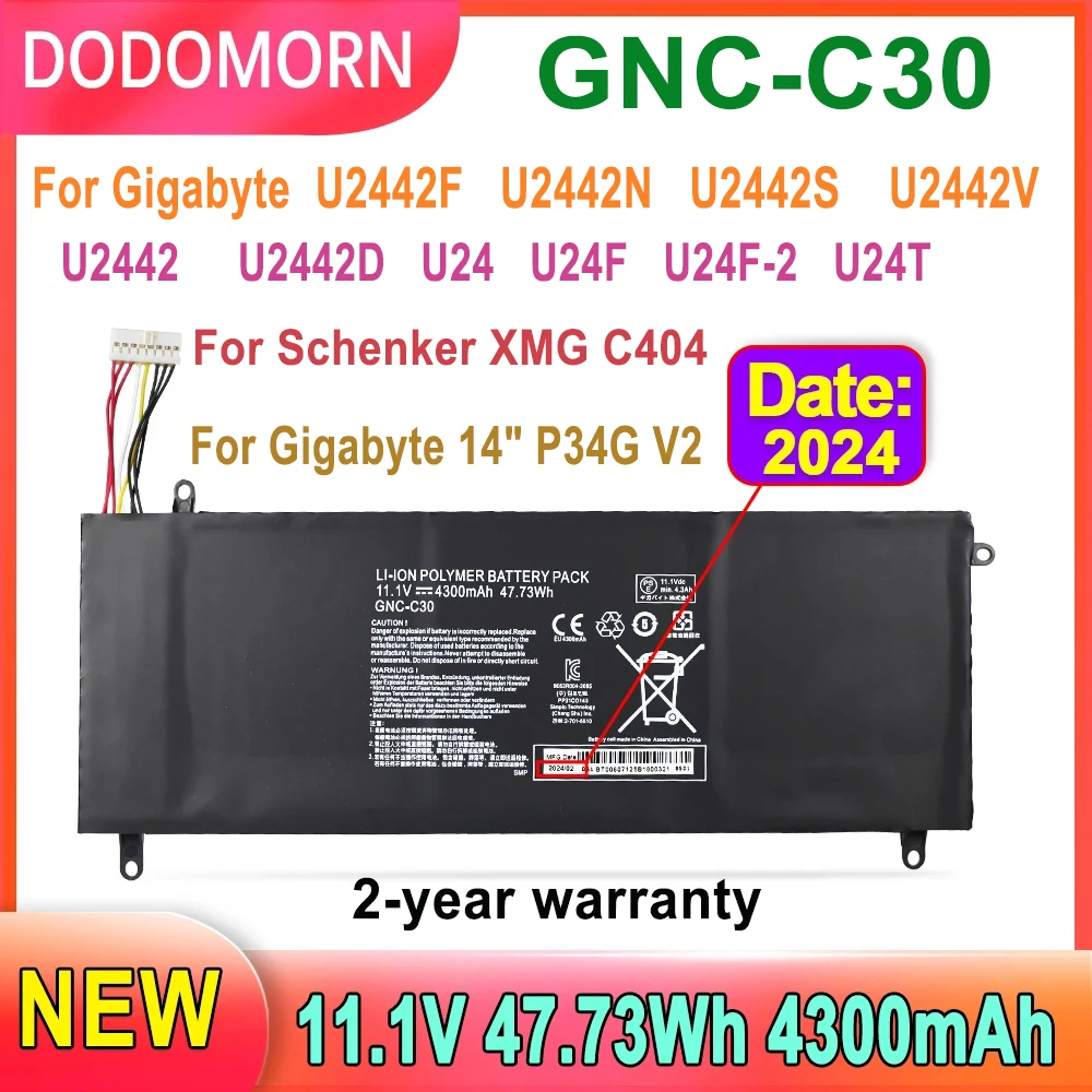 

DODOMORN GNC-C30 Laptop Battery For Gigabyte U2442D U2442F U2442N U2442S U2442V U24F-2 U24T,14" P34G V2,For Schenker XMG C404