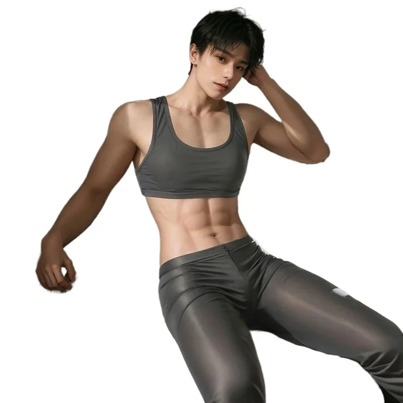 

Блестящие леггинсы для мужчин, прозрачное нижнее белье, брюки, укороченный топ, комплект Rave Party, комплект нижнего белья для геев, Femboy, одежда Sissy, колготки