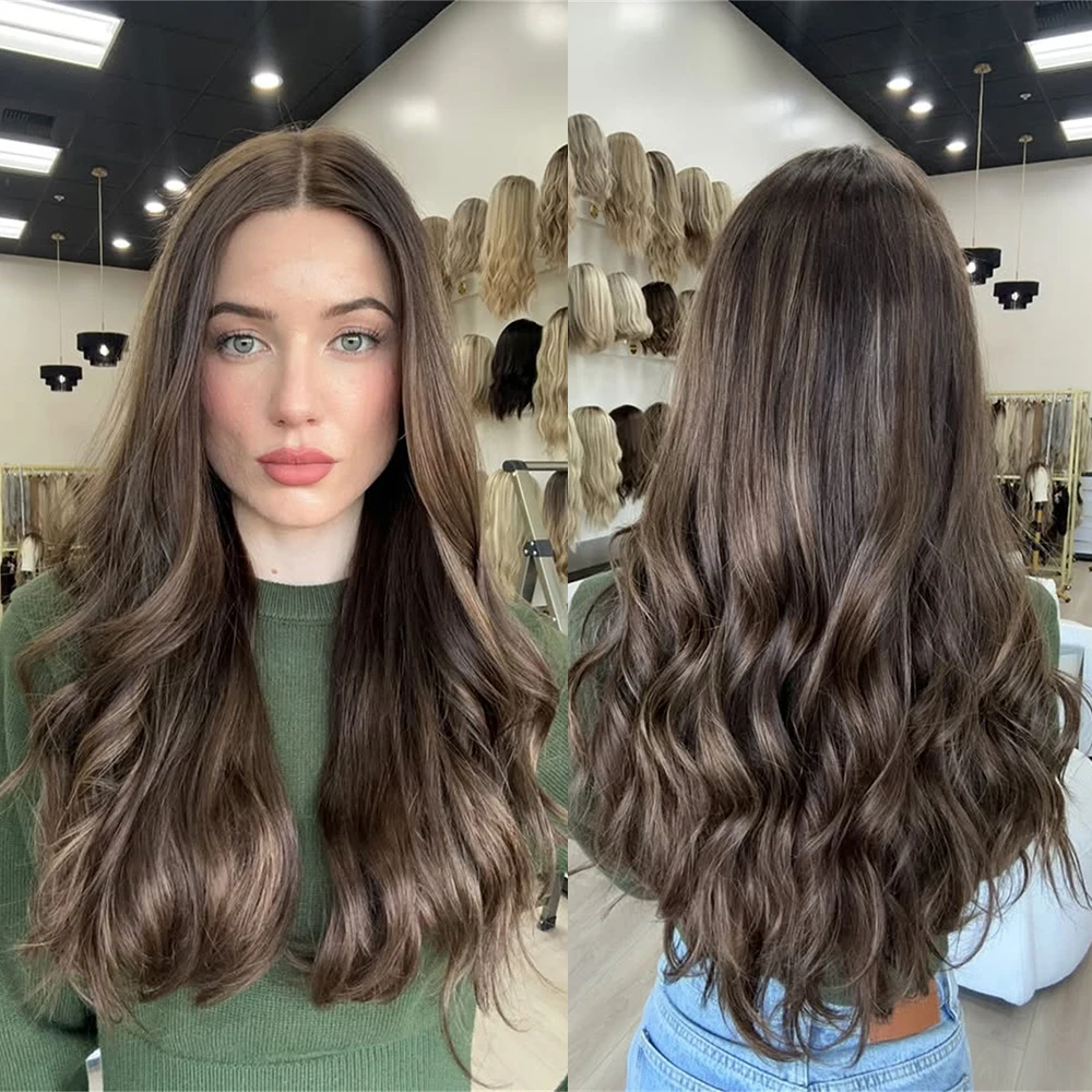 

24-дюймовый синтетический парик с кружевной передней частью темно-шоколадного цвета, для начинающих, с эффектом натуральных волнистых волос, без клея, для женщин