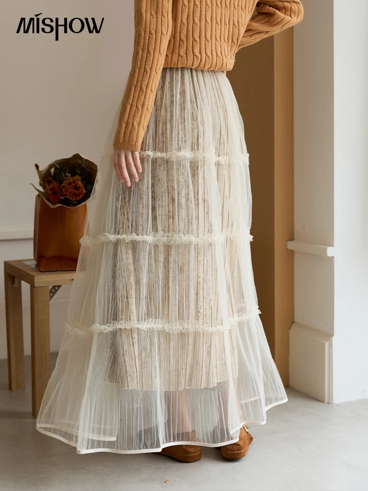 MISHOW المشمش شبكة تنورة للنساء 2025 الخريف الشتاء جديد تخفيف الخشب الأذن حافة المخملية المطبوعة الربط تنورة طويلة MXE47B2440