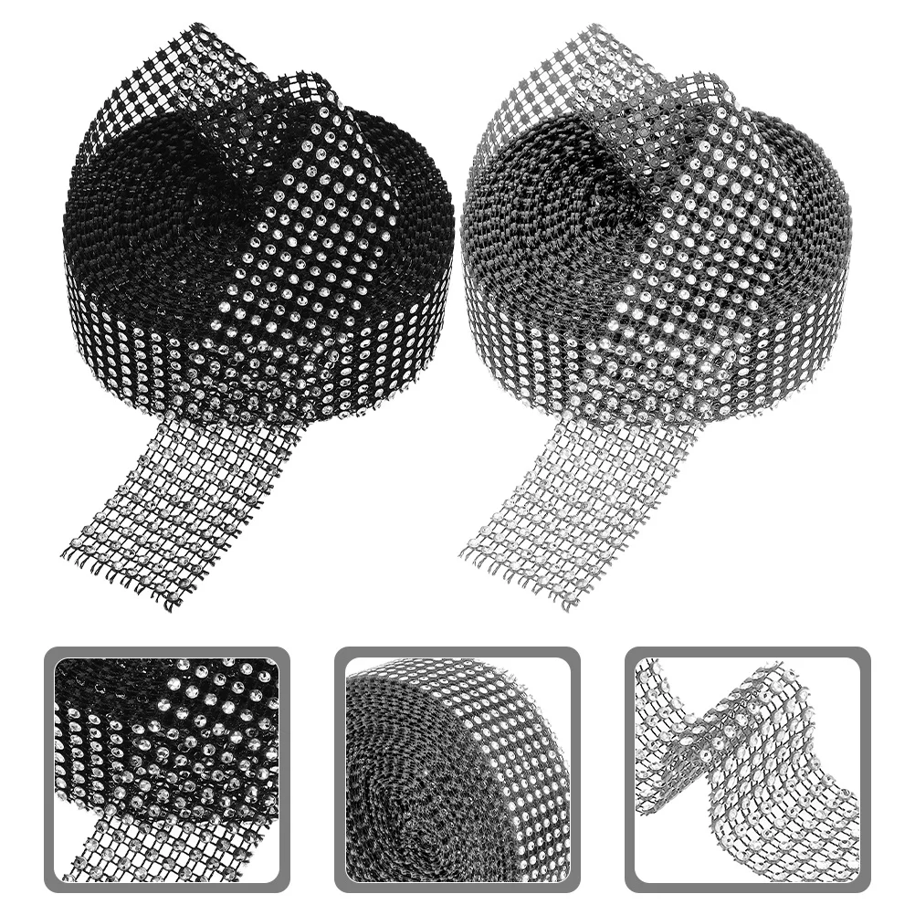 

2 Rolls Rhinestone Ribbon Mesh 8 Rows Electroplated Self Adhesive Silver Black DIY Wedding Cake Party Decoration