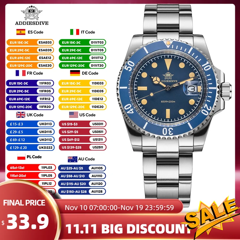 ADDIESDIVE Watches For Men 20Bar Waterproof Vintage Green Luminous Display Calendar Ceramic Bezel Quartz Watches Reloj AD2054