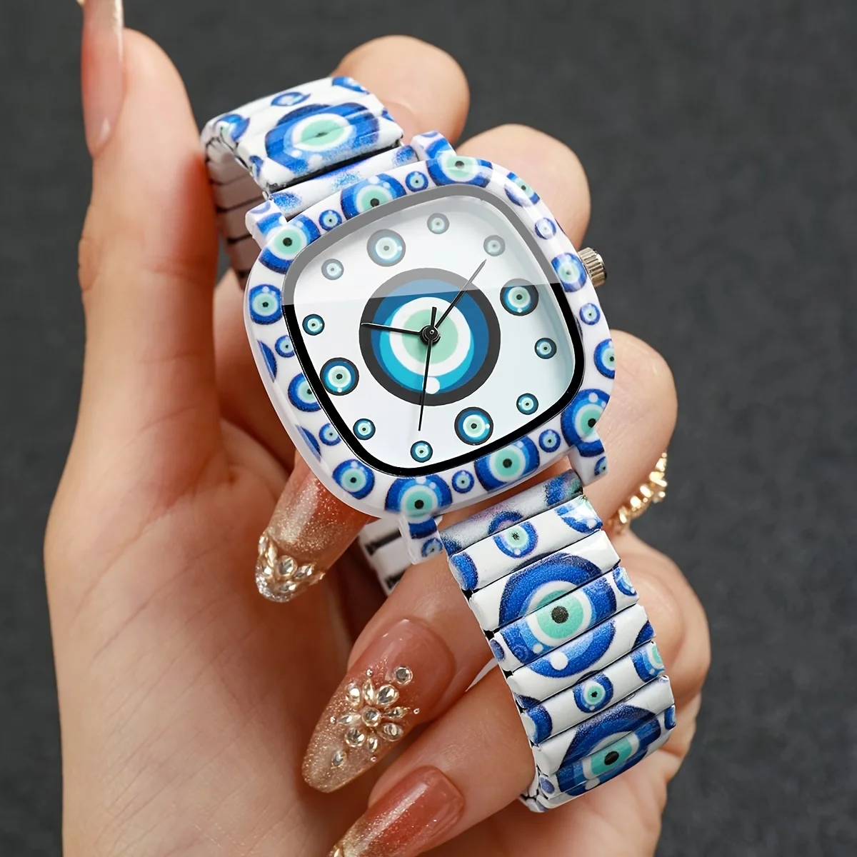 1pc Women's Square Evil Eye Printed Watch, Elastic Strap Watch, Lightweight and Convenient, Perfect Gift for Girlfriend (No Box)