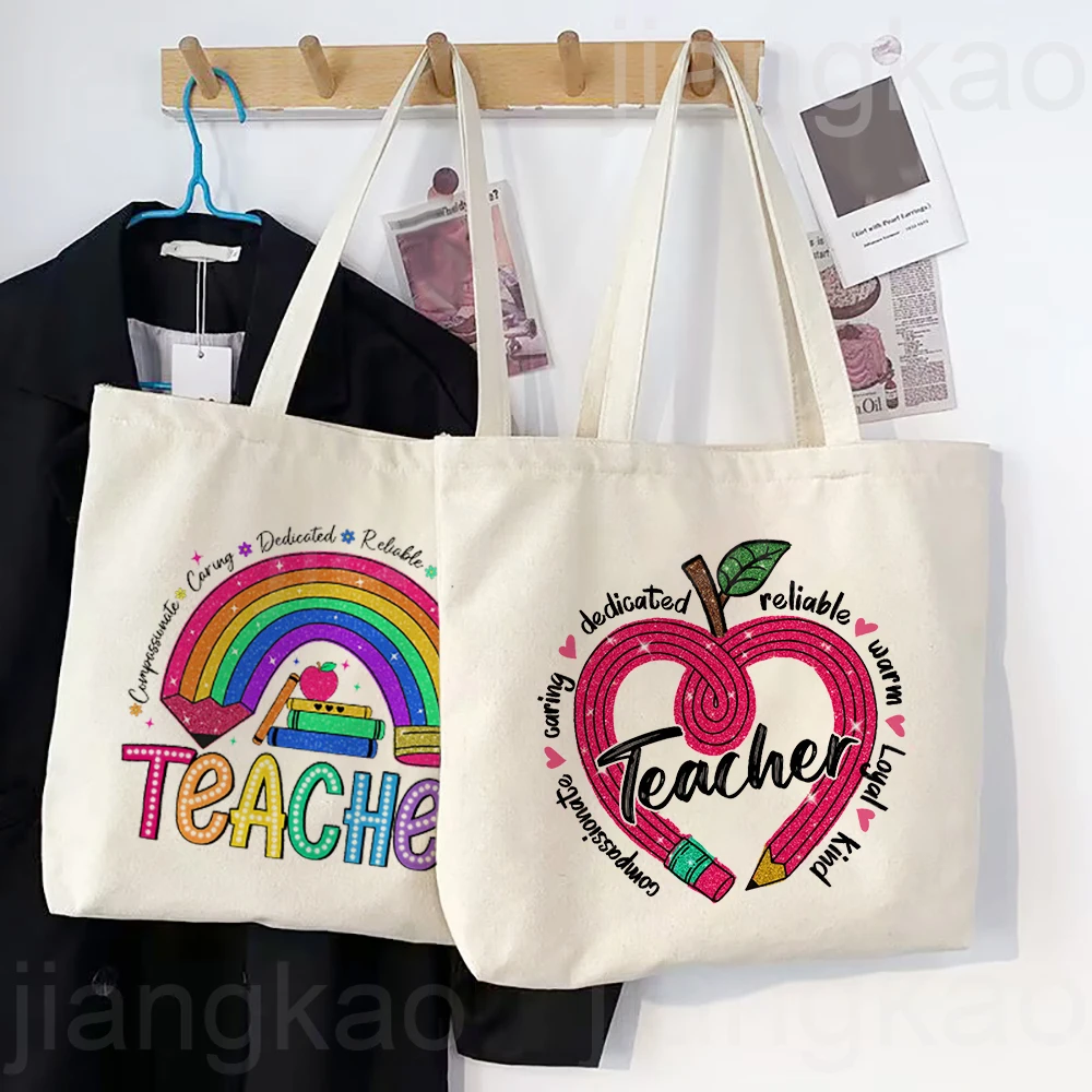 Rainbow Heart Teacher Printed Tote Bag Women Shoulder Bag Teacher Life Shopping Bags Teacher's Day Christmas Gift for Teachers