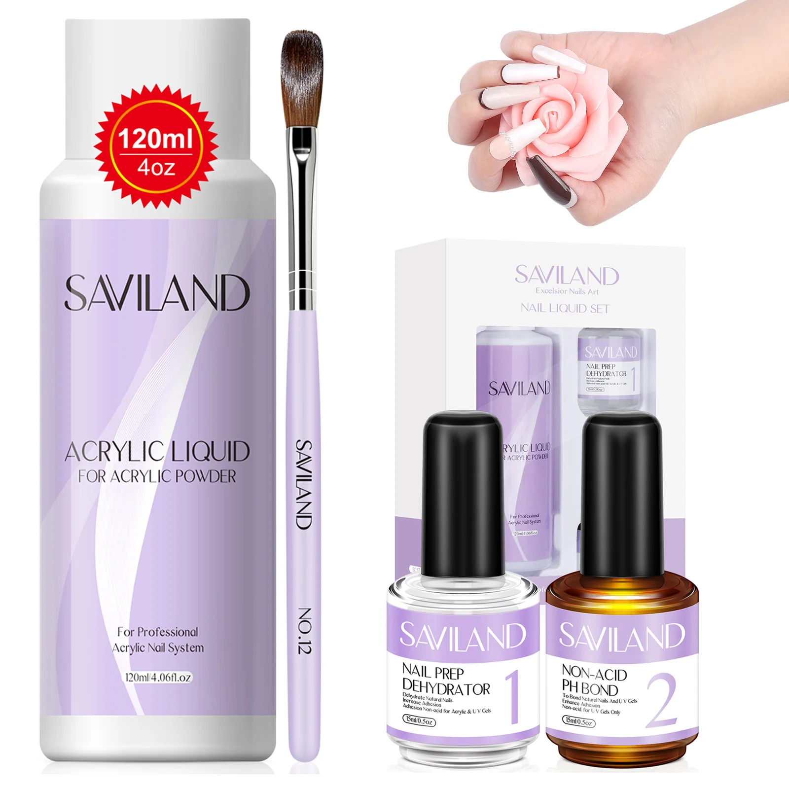 Kit liquido monomero acrilico Saviland 120 ml con set completo di pennelli per unghie disidratatore per estensione gel in polvere per uso domestico in salone