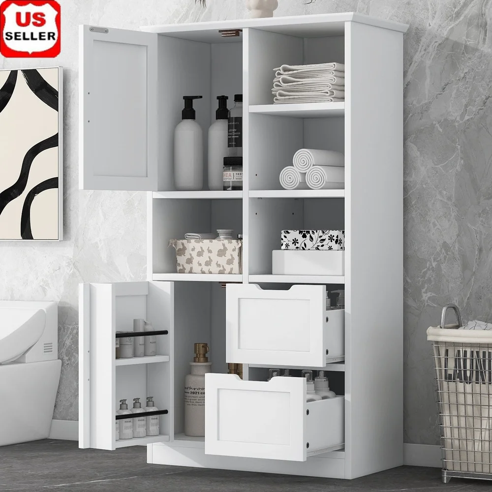 

Высокий шкаф для хранения в ванной комнате, напольный шкаф из МДФ с 2 дверцами, 2 ящиками, регулируемые полки, отдельно стоящая ванная комната, кухня, гостиная