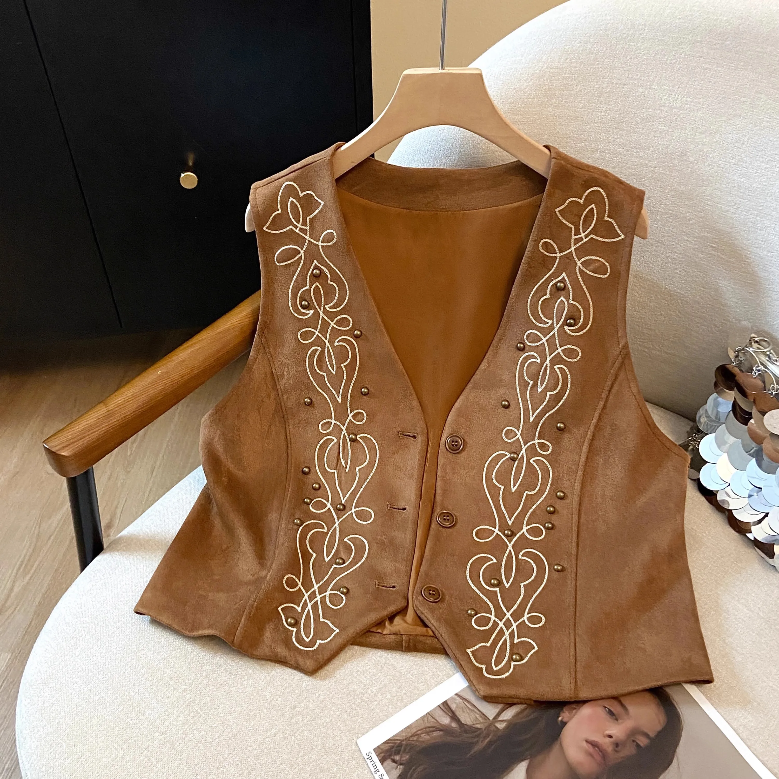 Chaleco de Mujer Estilo Urbano, Vintage, Marrón, Tejido, Bordado, con Remaches, Estilo Viajero, Cárdigan Abierto, Informal, Elegante