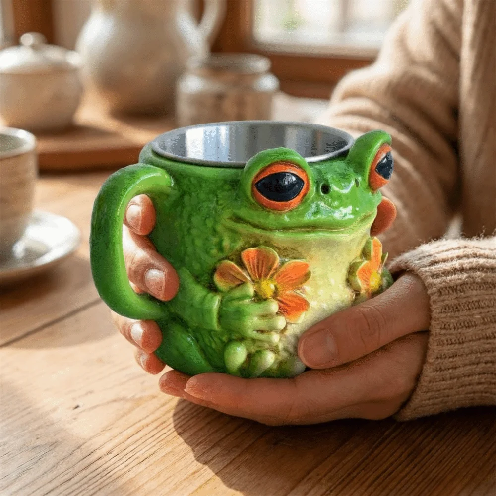Durable Resin Frog Floral Pattern Mug Creative Anti Slip Cute Animal Cup Anti Scalding Kawaii Cartoon Water Cup Juice view 2