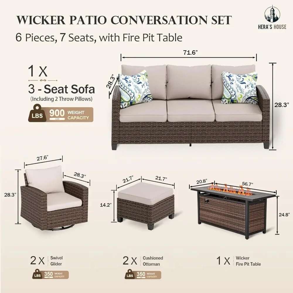 Outdoor Patio Furniture Set with Swivel Glide Rocker Chairs, Wicker Patio Sofa Conversation Set with 56