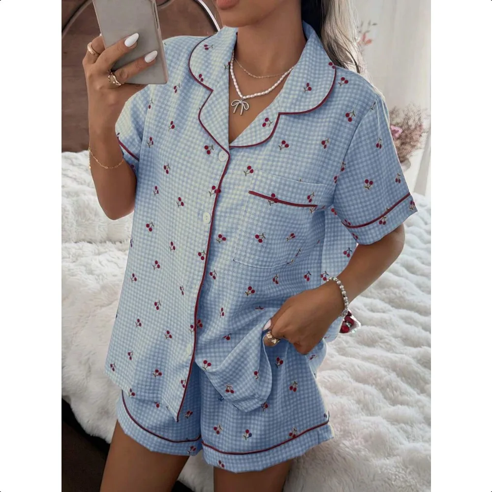 

Pink Plaid Cherry Print Shirt Collar Short Sleeve & Shorts Pajama Set For Women