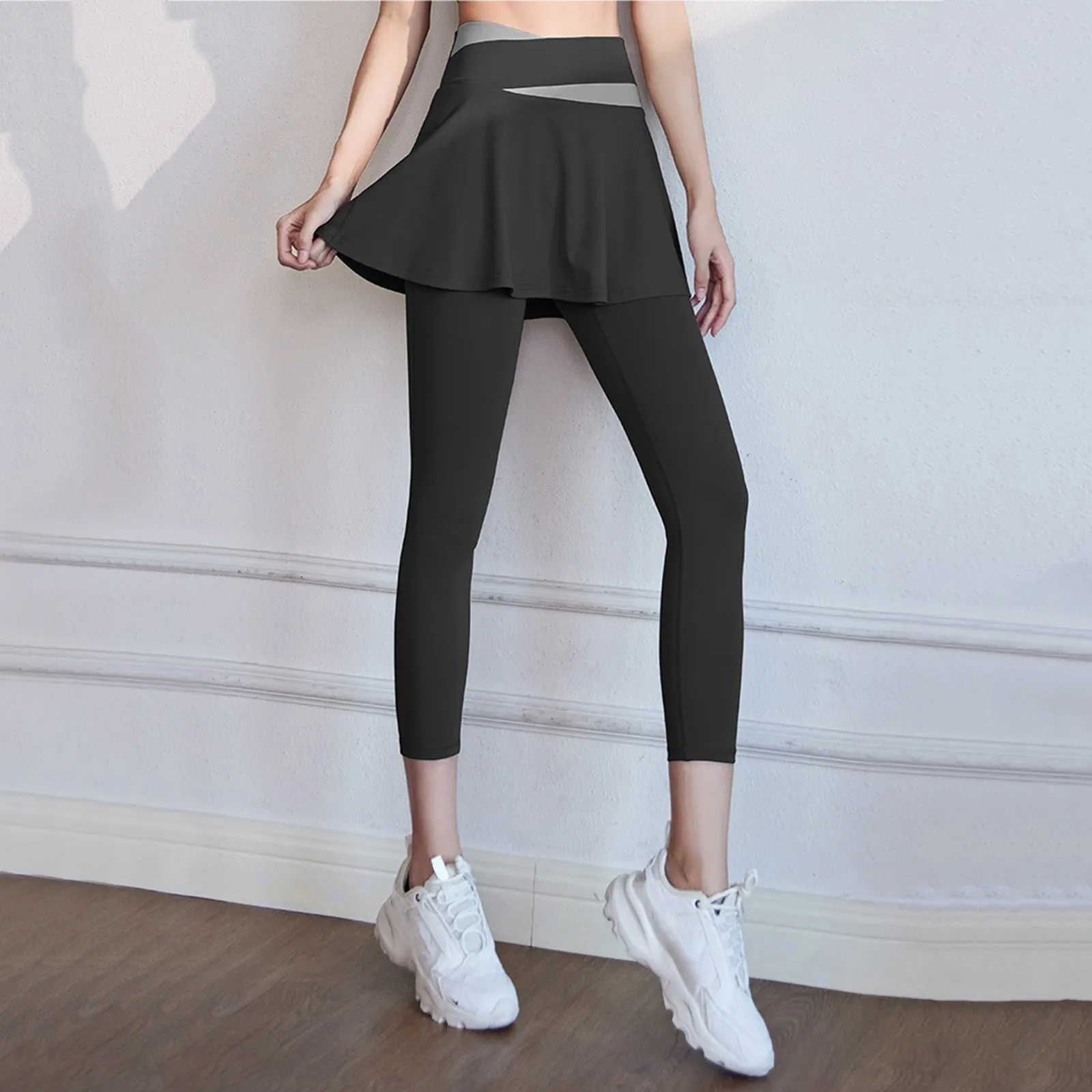 Sport Yoga Pants With Skirt Women Fake Two Pieces Sport Legging Gym Push Up Patchwork Crossover High Waist Tight Legging