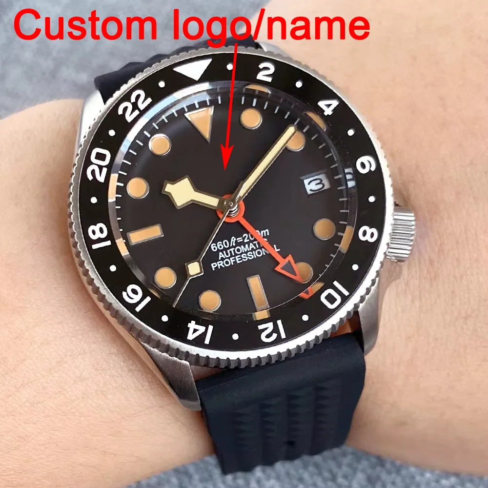 Reloj de pulsera mecánico personalizado para hombre, 37mm, 20BAR, buceo NH34, 120 clics, bisel giratorio, cristal de zafiro, marcadores naranjas, corona 3,8