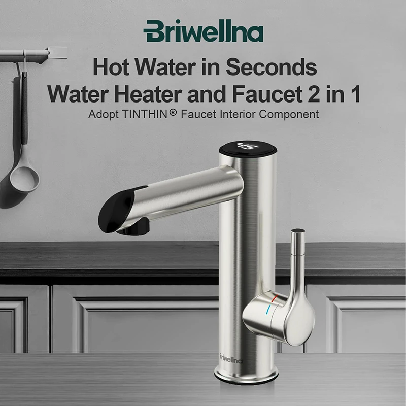 Briwellna Bathroom Electric Faucet Stainless Steel Hot Water Tap 220V Mini Water Heater Instant Hot Water Faucet 2 in 1 Mixer