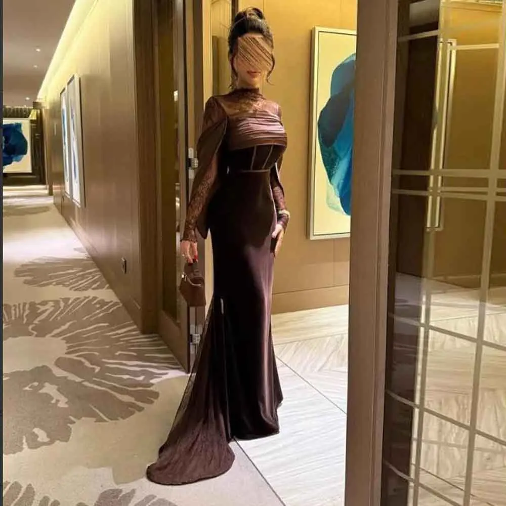 Customized Brown Lace Top Evening Dress High Collar Full Sleeves Mermaid Wedding Guest Gown Sweep Train Velvet Winter Dresses