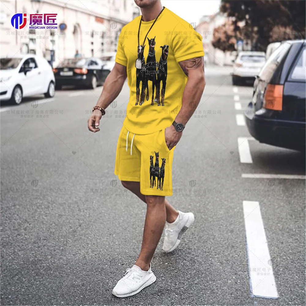 TIDESHEC Harajuku T-Shirt Set Men 2023 Summer Dog Letter Print T-Shirt and Shorts Hip Hop Street Loose Wash Top T-Shirt