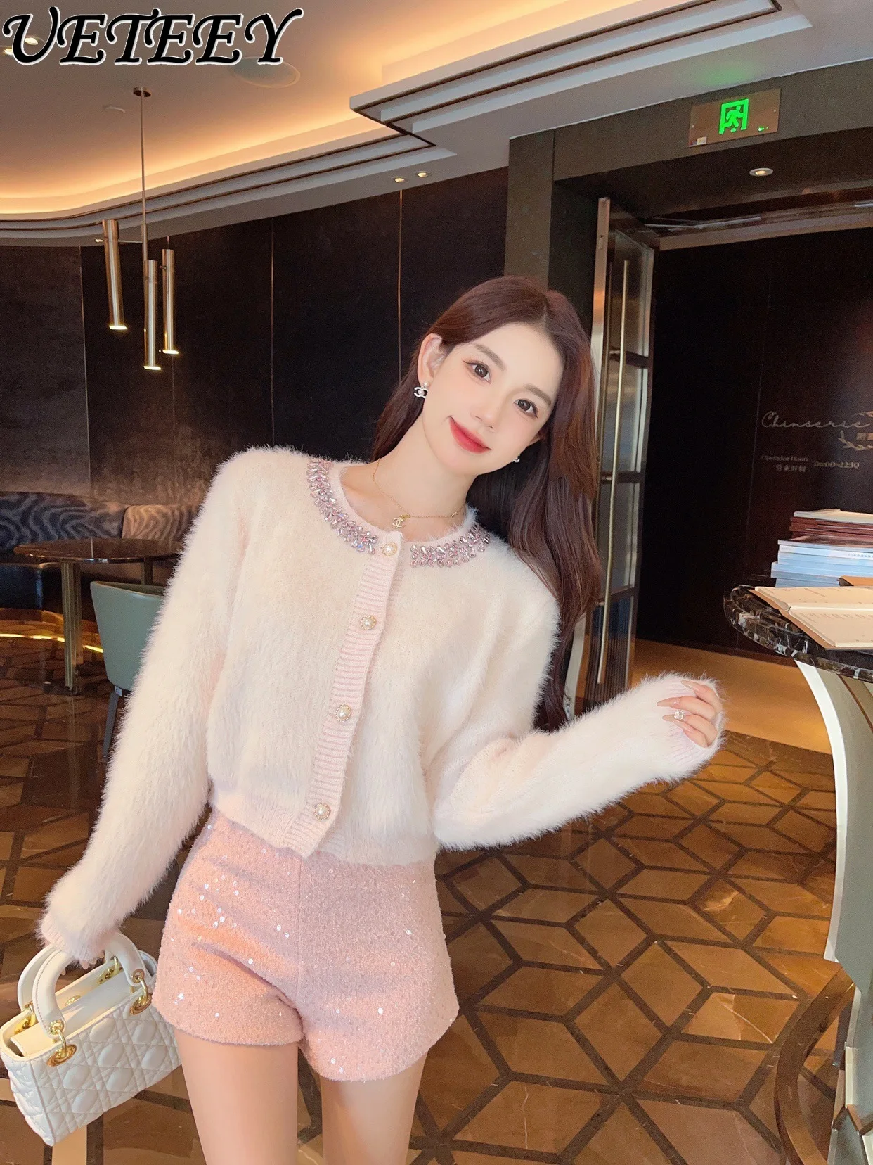 Diamond-Embedded Mink Fur High-Grade Sweater for Women Autumn and Winter New Outerwear High Texture Short Cardigan Coat