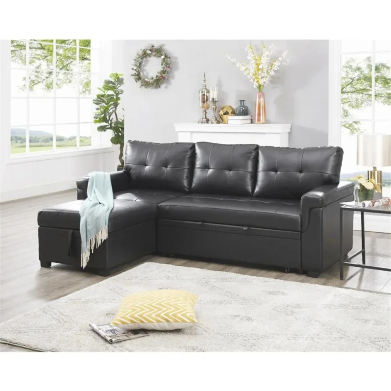 Transform Any Space: Sleeper Sectional Sofa with Convertible Sofa Bed & Inviting Chaise. Find Tranquil Comfort-Black/Air Leather