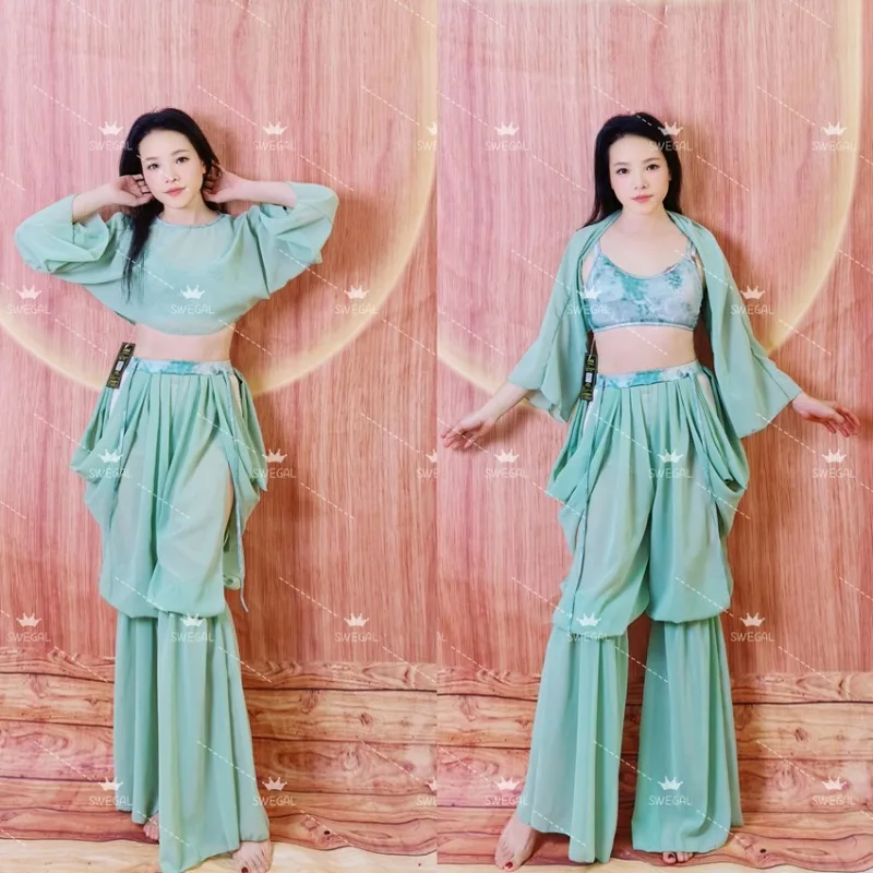 مخصص swegal 4 قطع ملابس الرقص الشرقي ممارسة الرقص الشرقي زي الشيفون فانوس السراويل الشرق الأوسط زي المياه الخضراء