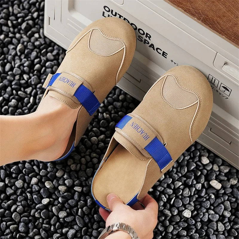 Trendy New Men'S Fashionable Slippers Anti Slip Soft Soled Boken Shoes Frosted Leather Slippers British Retro Style Flat Shoes