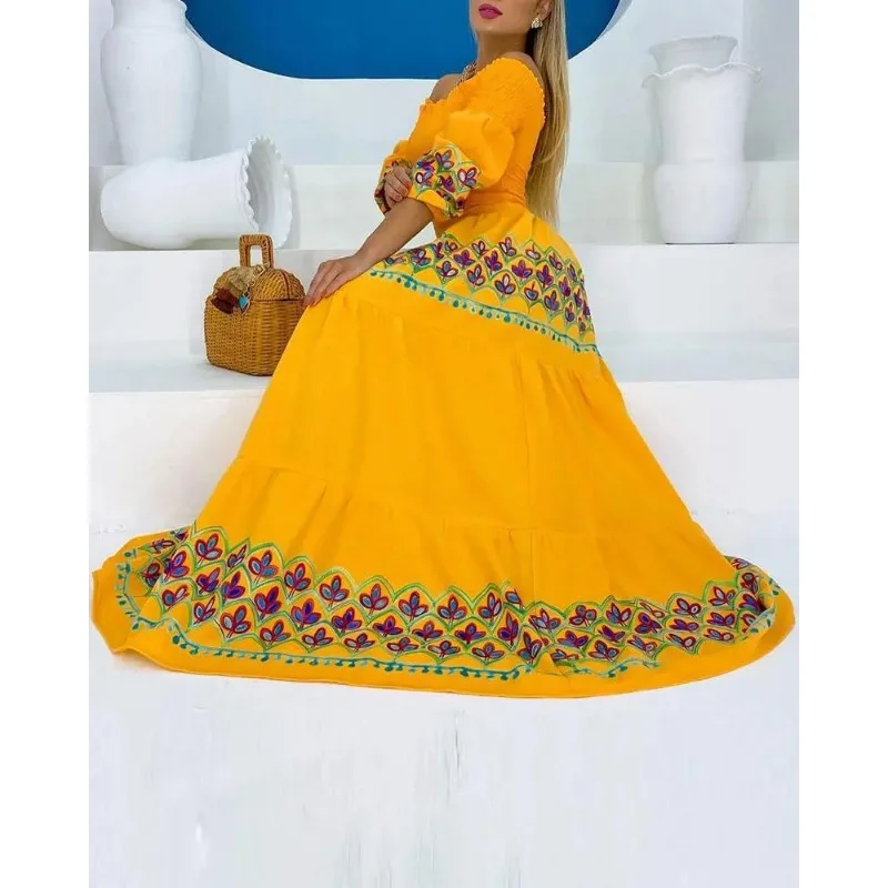 Frauen lange lose Maxi neue Sommer hohe Taille Riemen Typ lose gelbe ethnische Druck lange Gruppe Kleid