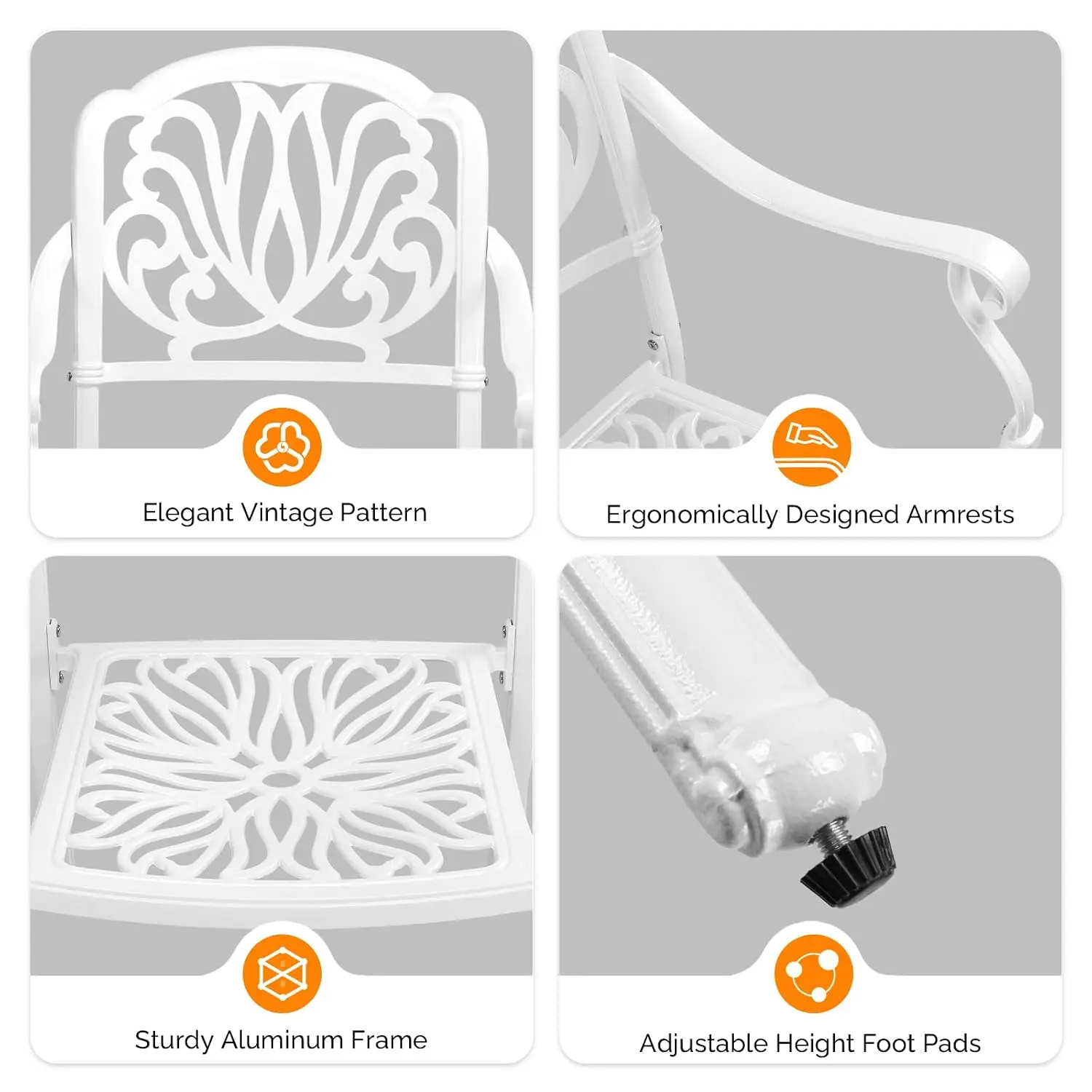 Patio Chairs Set of 2 - Stackable Outdoor Cast Aluminum Dining Chairs with Vintage White Finish and Floral Pattern, Metal Armcha