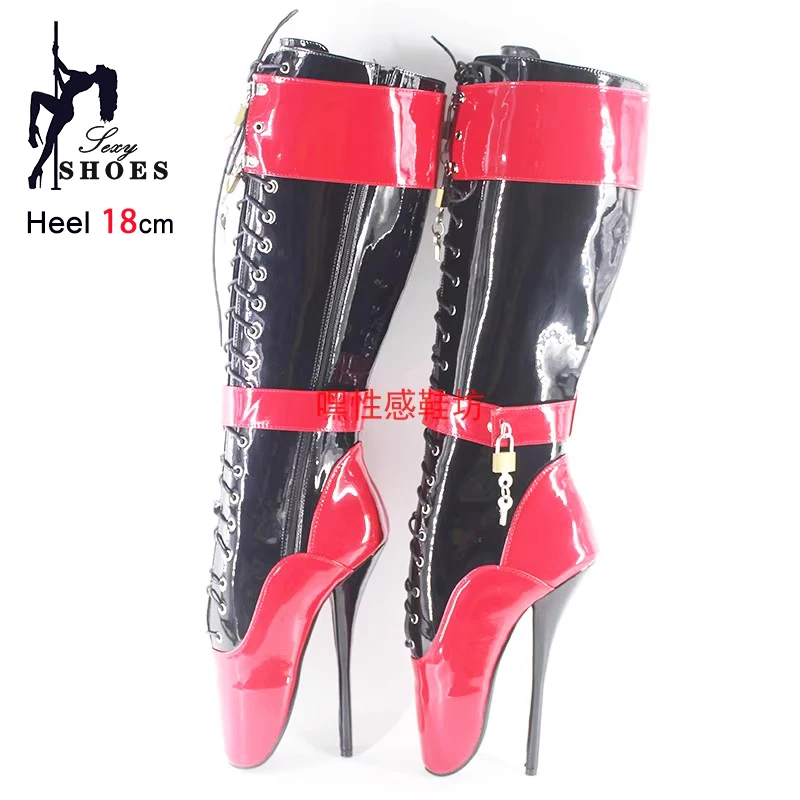 

Size 36-46 Ballet Boots Lockable Padlocks Fetish 18CM/7Inch With Locks Keys Mid-calf Boots Customized Stiletto Chic Women Shoes