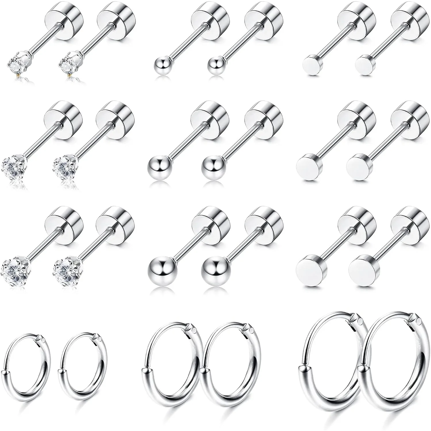 14 Pairs Small Tiny Stud Flat Back Earring Hypoallergenic 14K Gold Plated Studs Surgical Steel Earring Sets for Multiple Piercing Cartilage Hoop Earrings