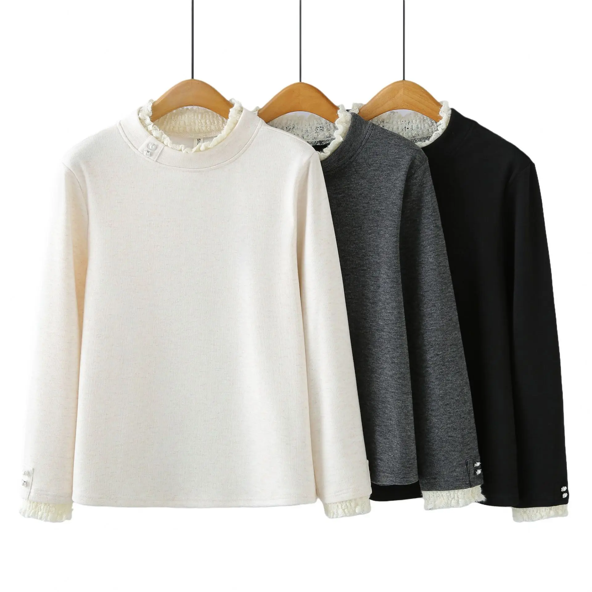 XXXXL موضة حجم كبير تي شيرت نسائي جديد للخريف والشتاء زر الدانتيل قاعدة بأكمام طويلة القمم الداخلية 2522