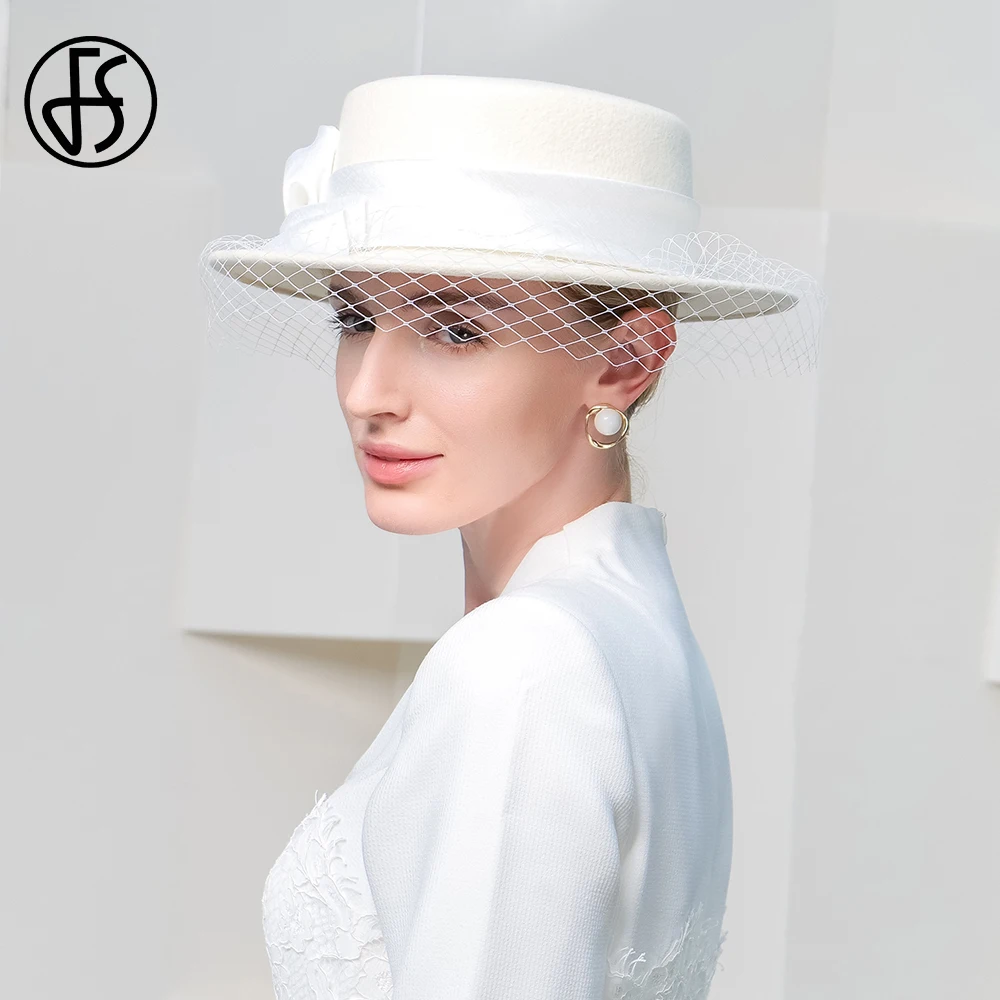 FS White Fedoras Luksusowe czapki z płaskim daszkiem dla kobiet z welonem 2024 Nowa ceremonia ślubna Millinery Winter 100% wełniana filcowa czapka