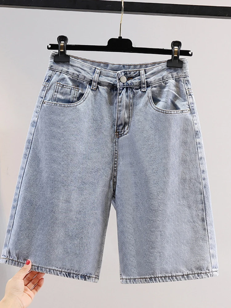 Summer Women Blue Denim Shorts High Waist  Five-point Pants Loose Wide Leg Straight Half Jeans Leisure Female Shorts