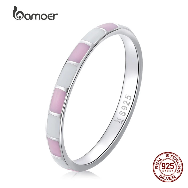 BAMOER 925 Sterling Silver Simple Check Ring Two Colors Contrast Enamel Pink White Finger Ring for Women Party Fashion Jewelry