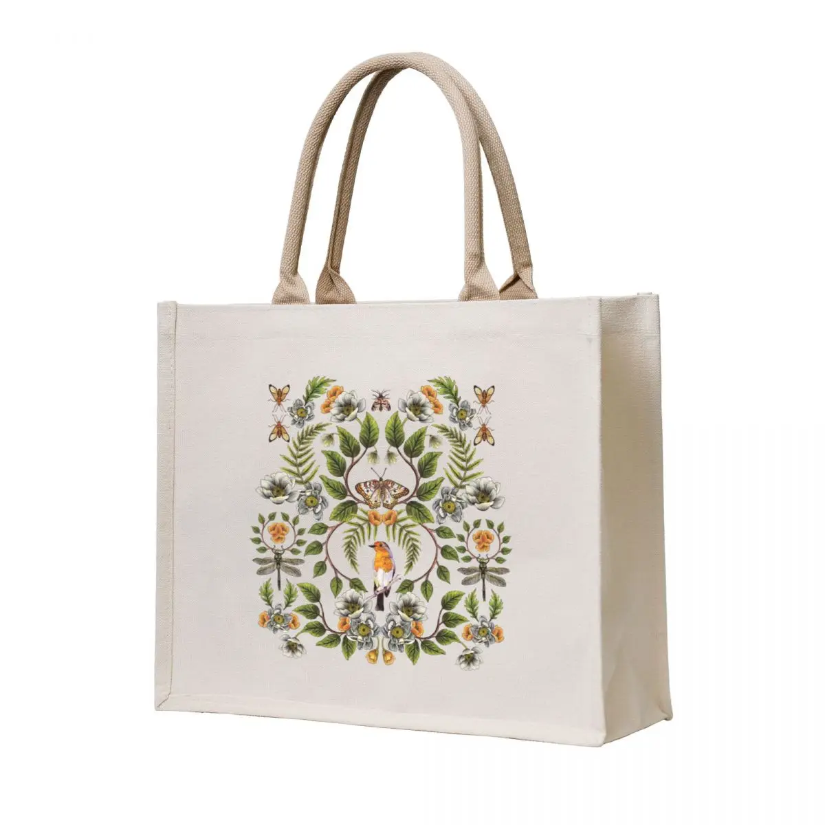 

Spring Reflection - Floral/Botanical Pattern w/ Birds, Moths, Dragonflies & Flowers Tote Bag women bag