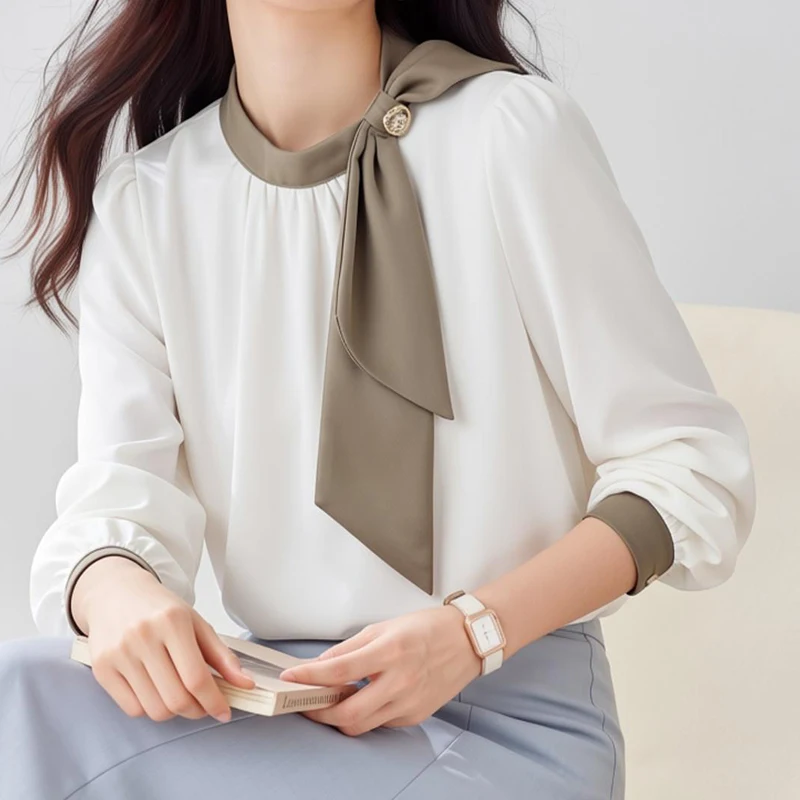 

French Gentle Bow Blouse Women 2026 New Spring Autumn Long Sleeve Elegant Office Ladies Tops Shirts Bowtie Satin Shirts Female