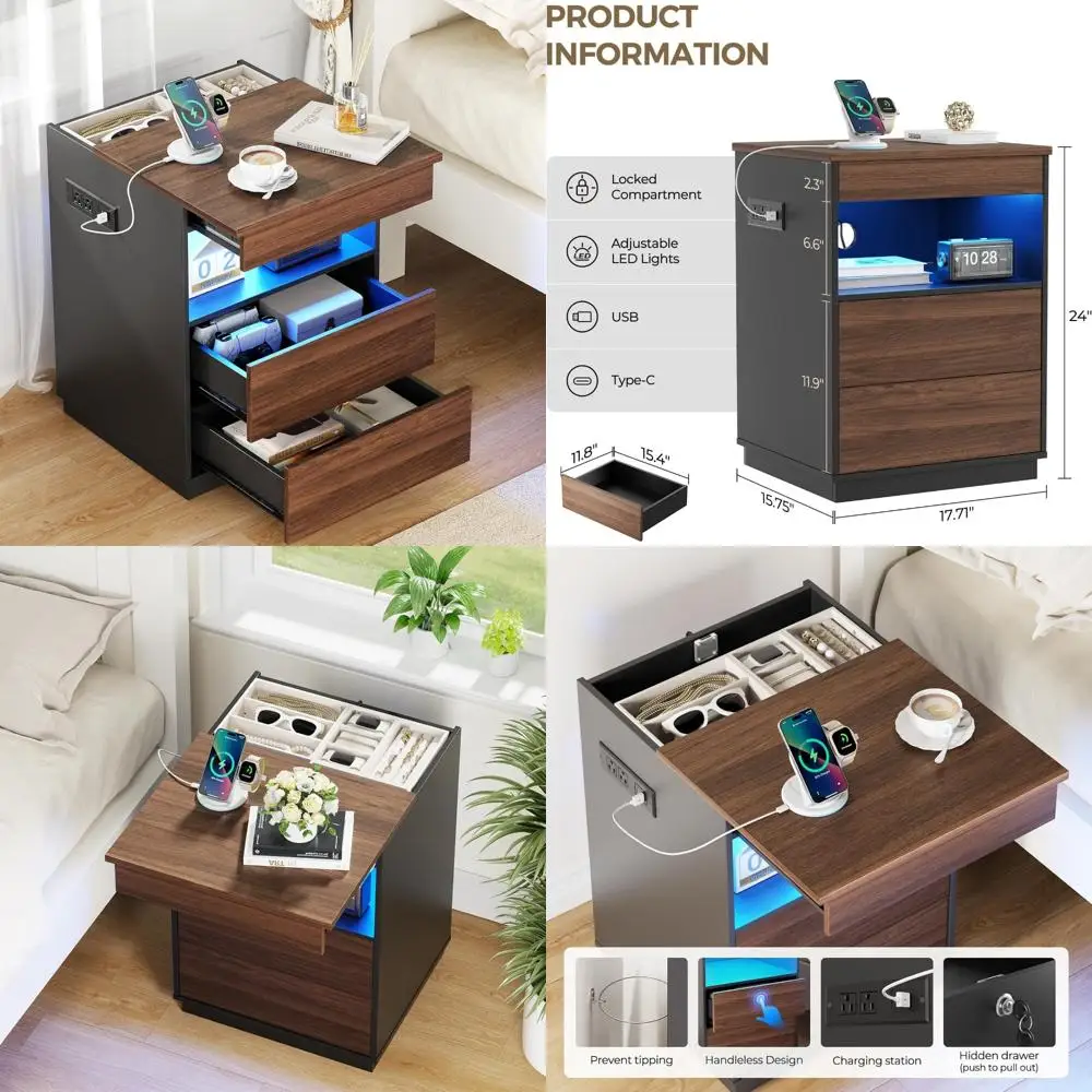 طاولة بجانب السرير حديثة مع مساحة تخزين مخفية ومنفذ شحن USB/type-c ودرج آمن للمسدس قابل للقفل