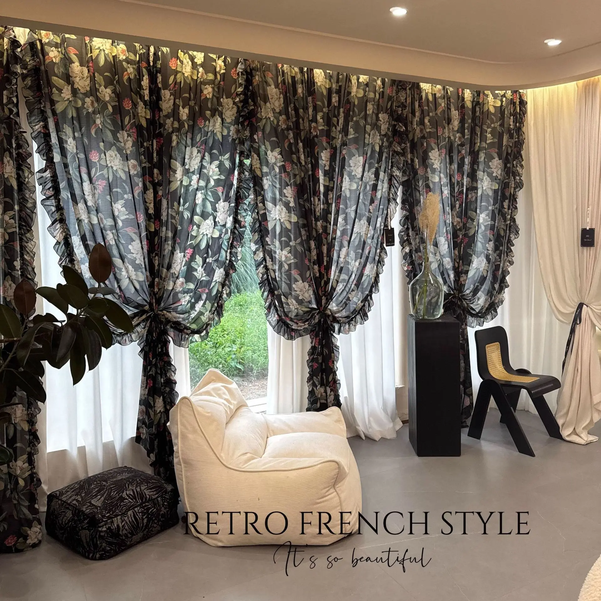 Hawaii Tropical Broadleaves Islander Style Black Tulle Curtain with lace decoration One Pannel