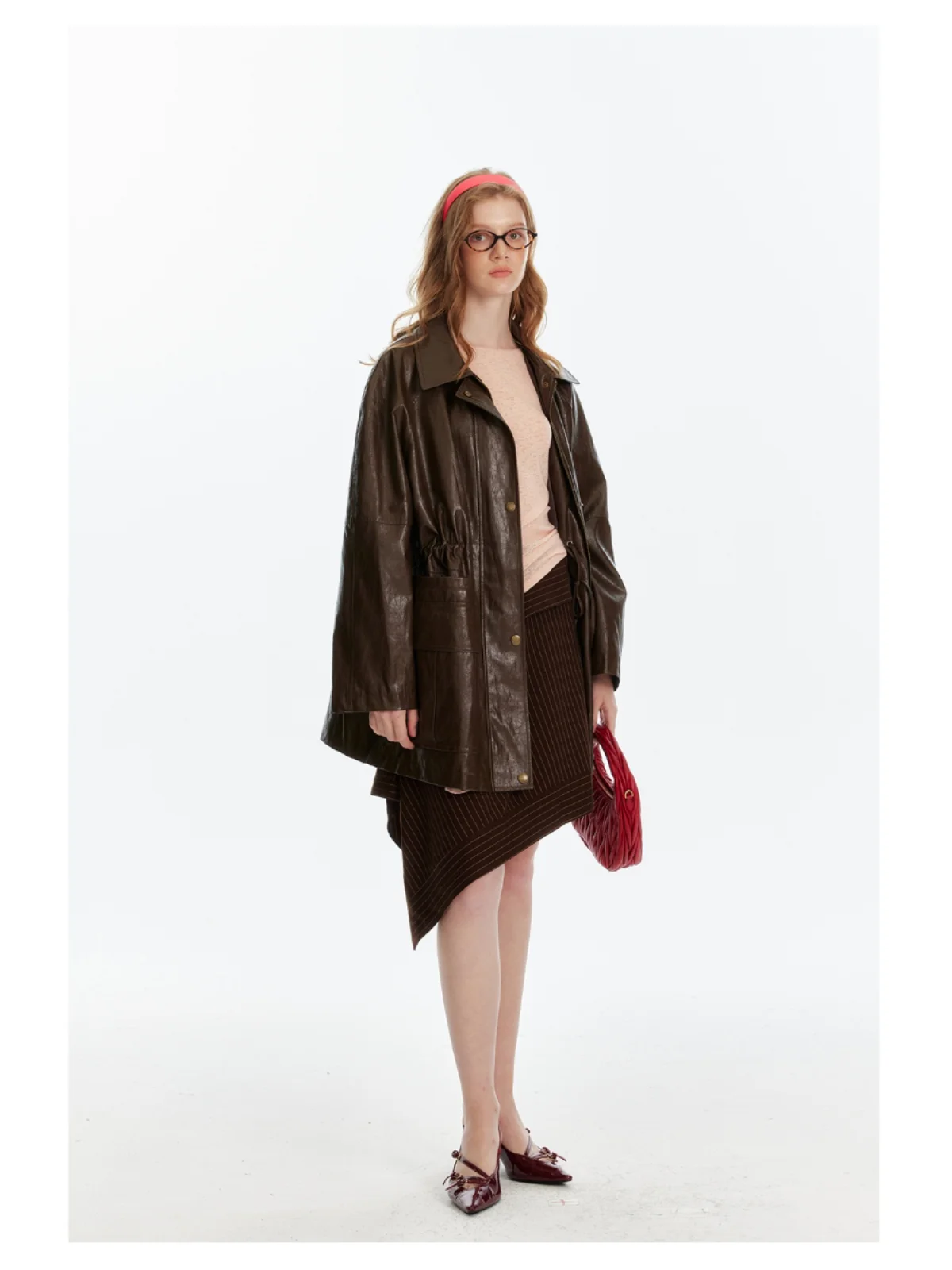 Tee Good Leather Jaet with Waist Cord And Large kets Women's ort Coat Polyurethane Elastic Fiber Cotton Metal Fiber