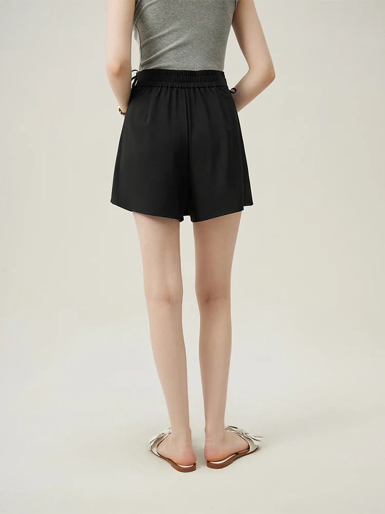 FSLE Black Pleated Versatile Casual Women Culottes 2024 Summer New Unique Design A-Line Shorts Front Skirt Back Shorts 24FS12313