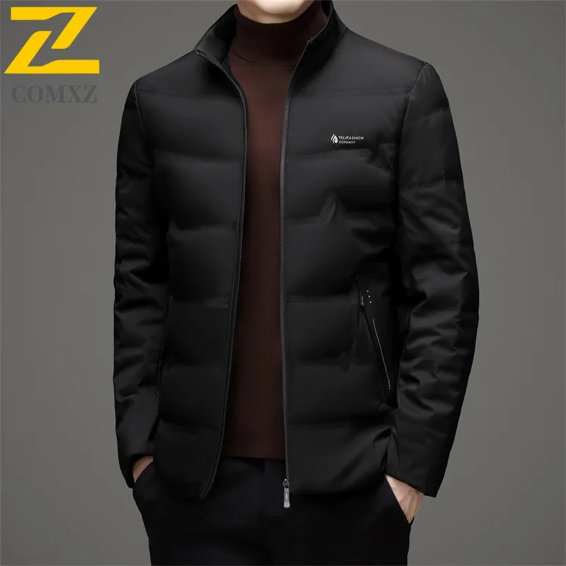 COMXZ Men Puffer Jacket Classic Stand Collar Commuting Office Warm Parka Versatile Urban Style Windproof Autumn Winter Garment